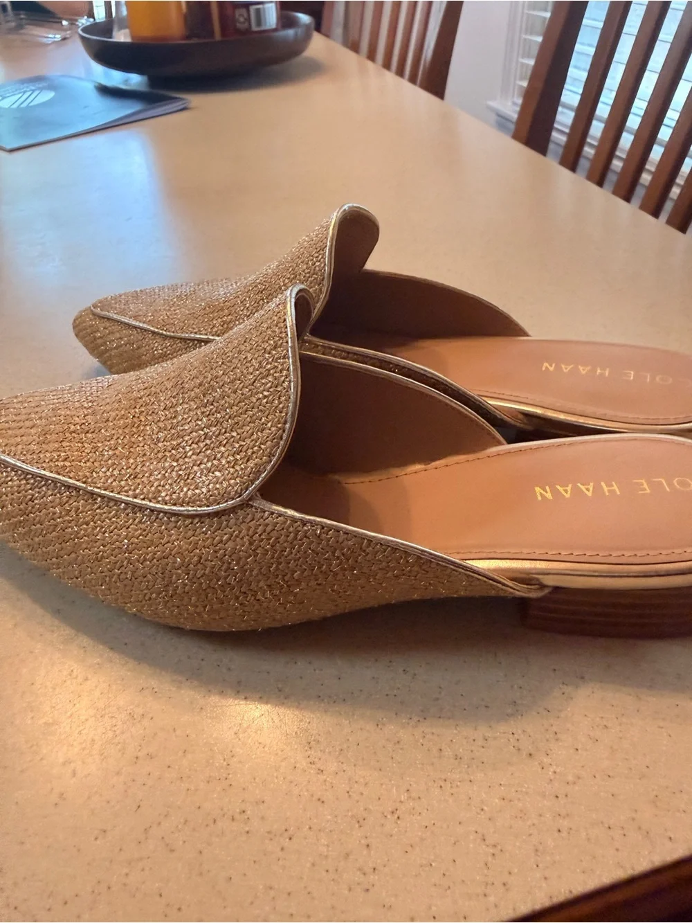 Cole Haan Tan Woven Pointed Mules with Gold Trim